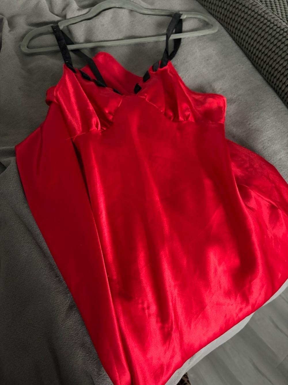 Red Satin Slip Dress with Black Straps